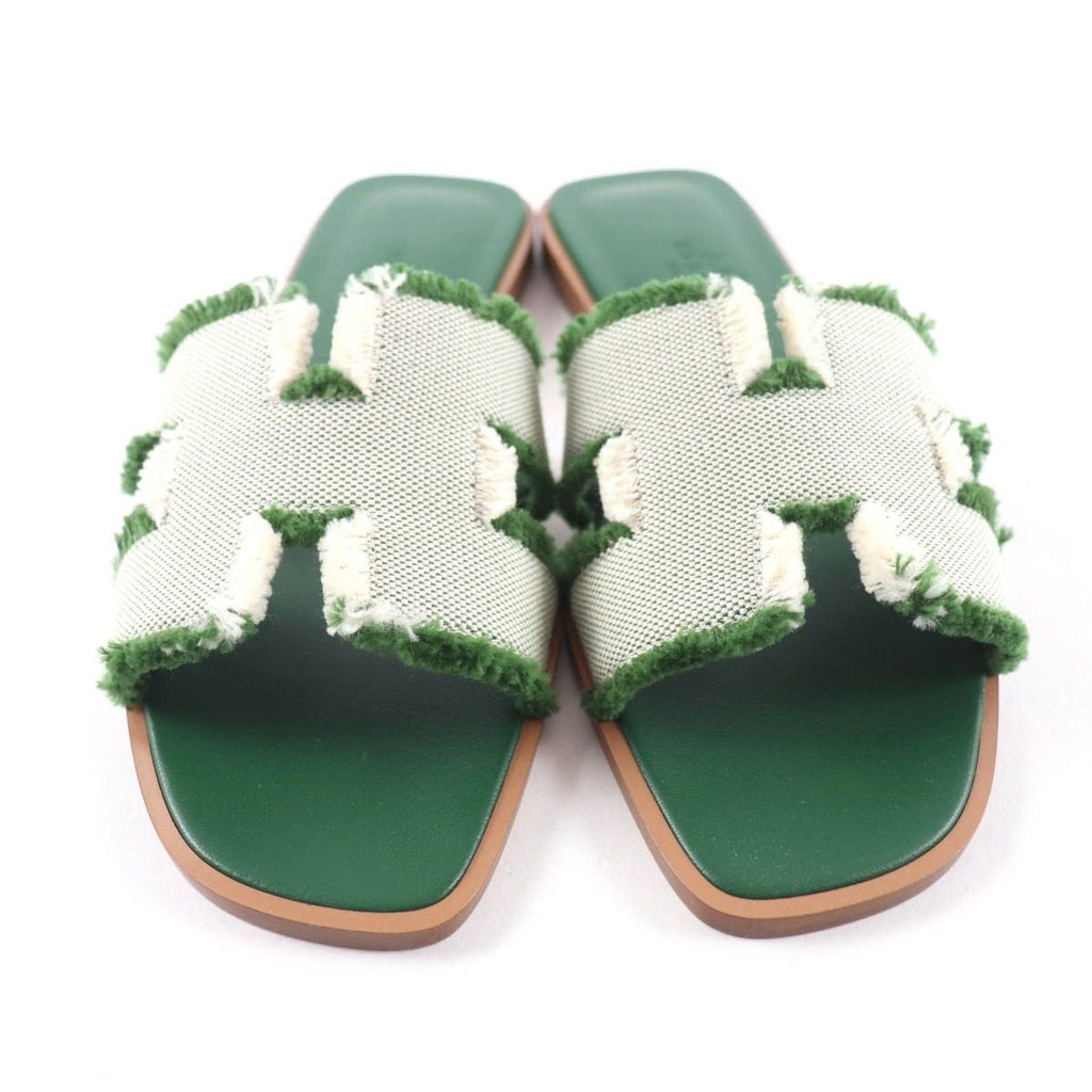 Hermes Oran Fringe Canvas Leather Sandals Green 35 — view 4