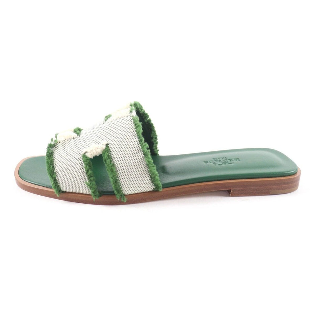 Hermes Oran Fringe Canvas Leather Sandals Green 35 — view 5