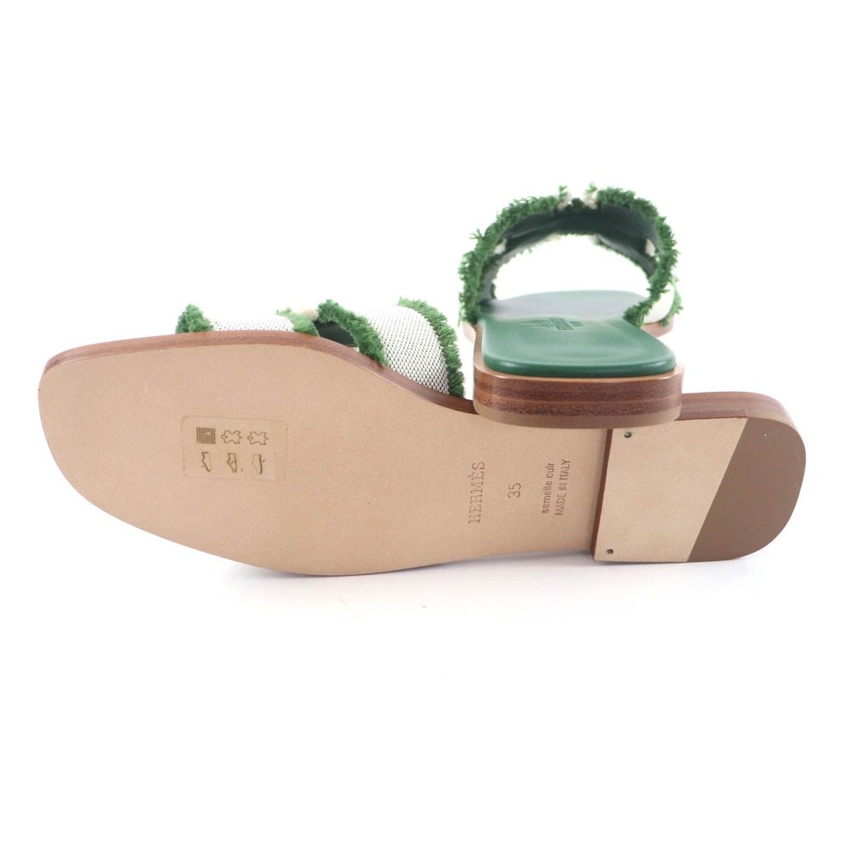 Hermes Oran Fringe Canvas Leather Sandals Green 35 — view 7
