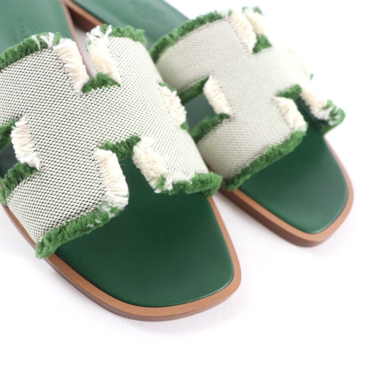 Hermes Oran Fringe Canvas Leather Sandals Green 35 — view 8