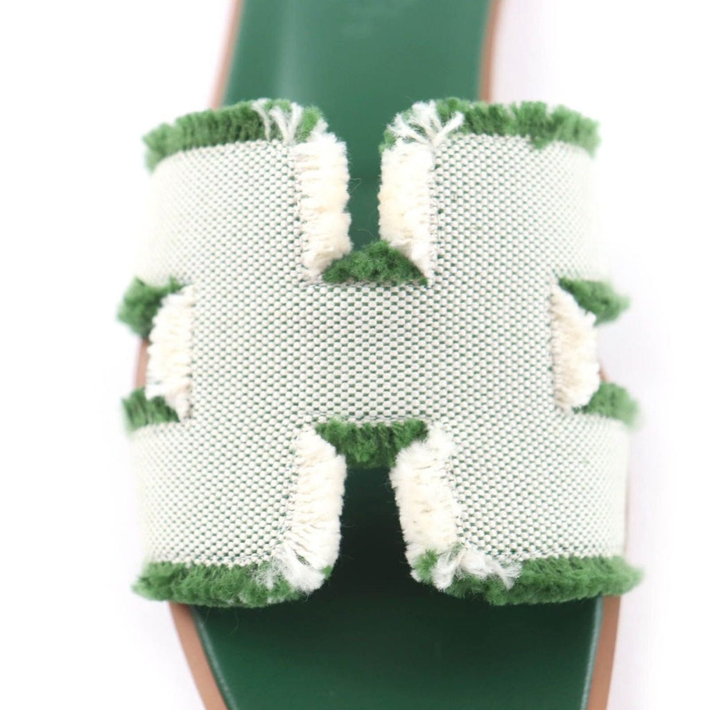 Hermes Oran Fringe Canvas Leather Sandals Green 35 — view 9
