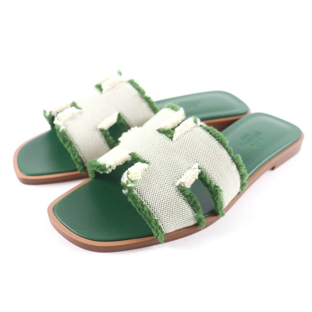 Hermes Oran Fringe Canvas Leather Sandals Green 35