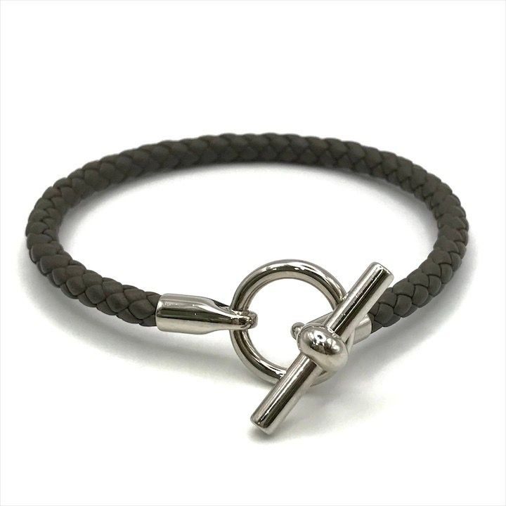 Hermes Glenan Leather Bra Calf Silver Gray Bangle Bracelet