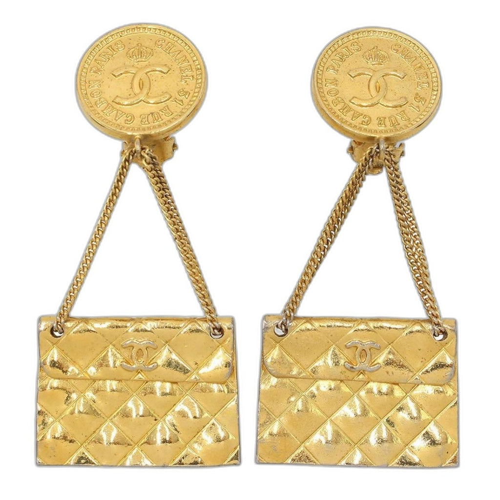 Chanel CC Logo Quilted Bag Motif Swing Earrings