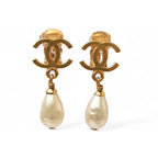 Chanel Earrings Vintage Coco CC Pearl Motif Gold 95