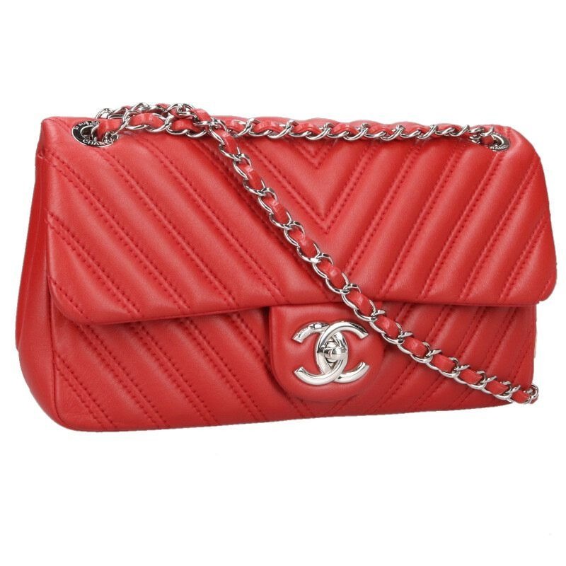 Chanel Chevron Lambskin Chain Shoulder Bag Red