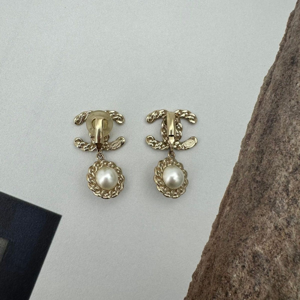 Chanel CC Logo Rhinestone Pearl Earrings Gold — view 2