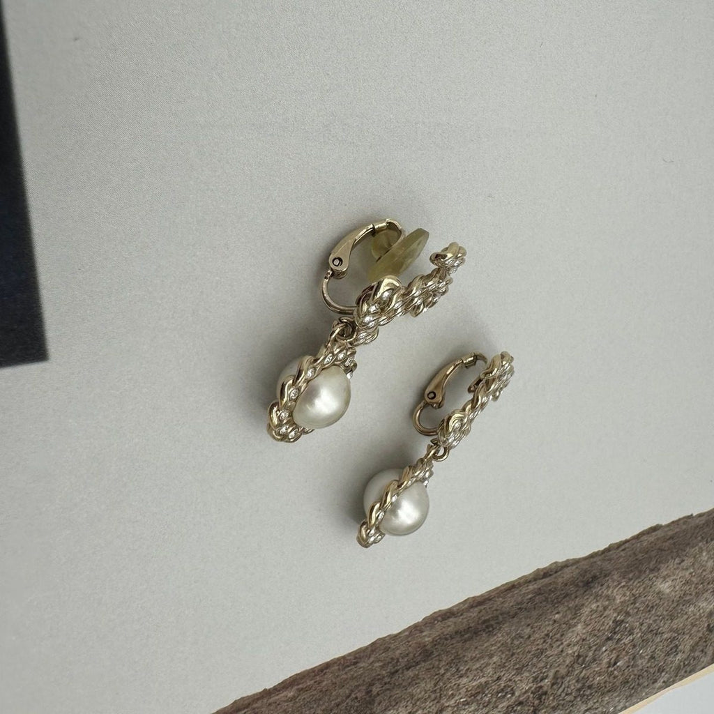 Chanel CC Logo Rhinestone Pearl Earrings Gold — view 3
