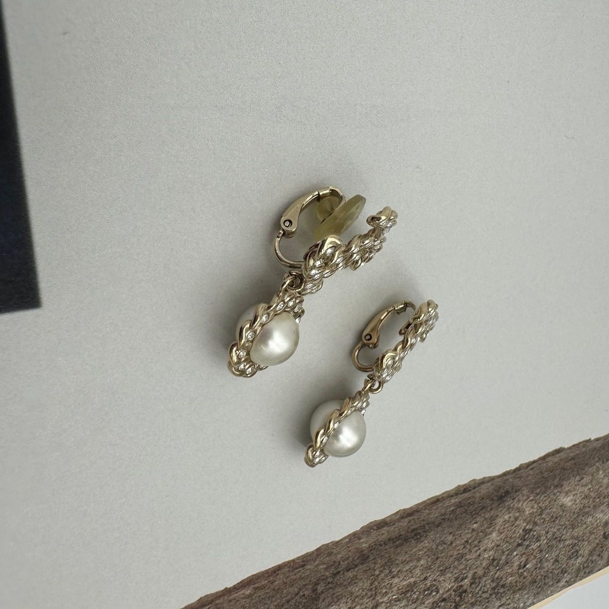 Chanel CC Logo Rhinestone Pearl Earrings Gold — view 3