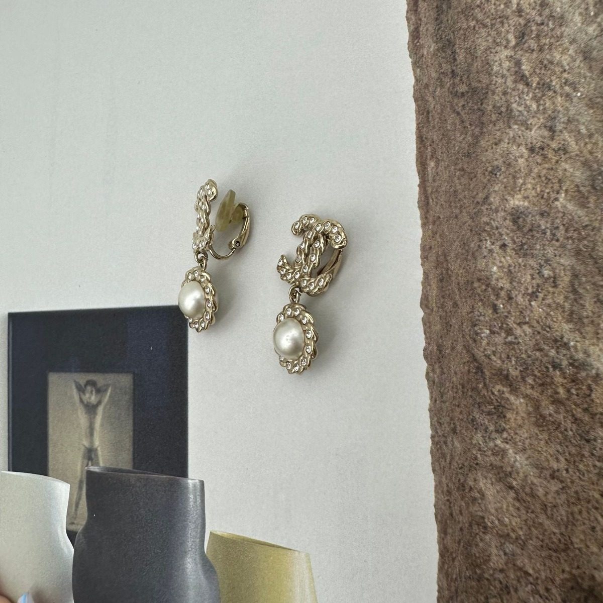 Chanel CC Logo Rhinestone Pearl Earrings Gold — view 4