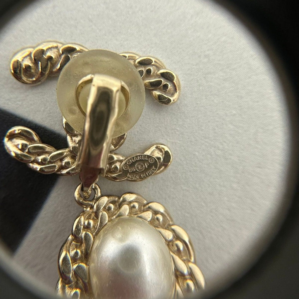 Chanel CC Logo Rhinestone Pearl Earrings Gold — view 5