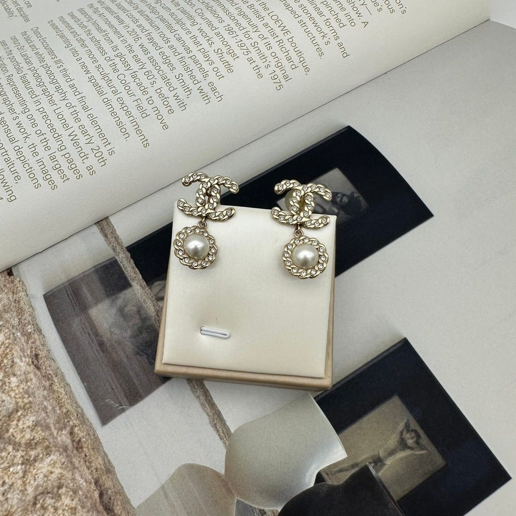 Chanel CC Logo Rhinestone Pearl Earrings Gold