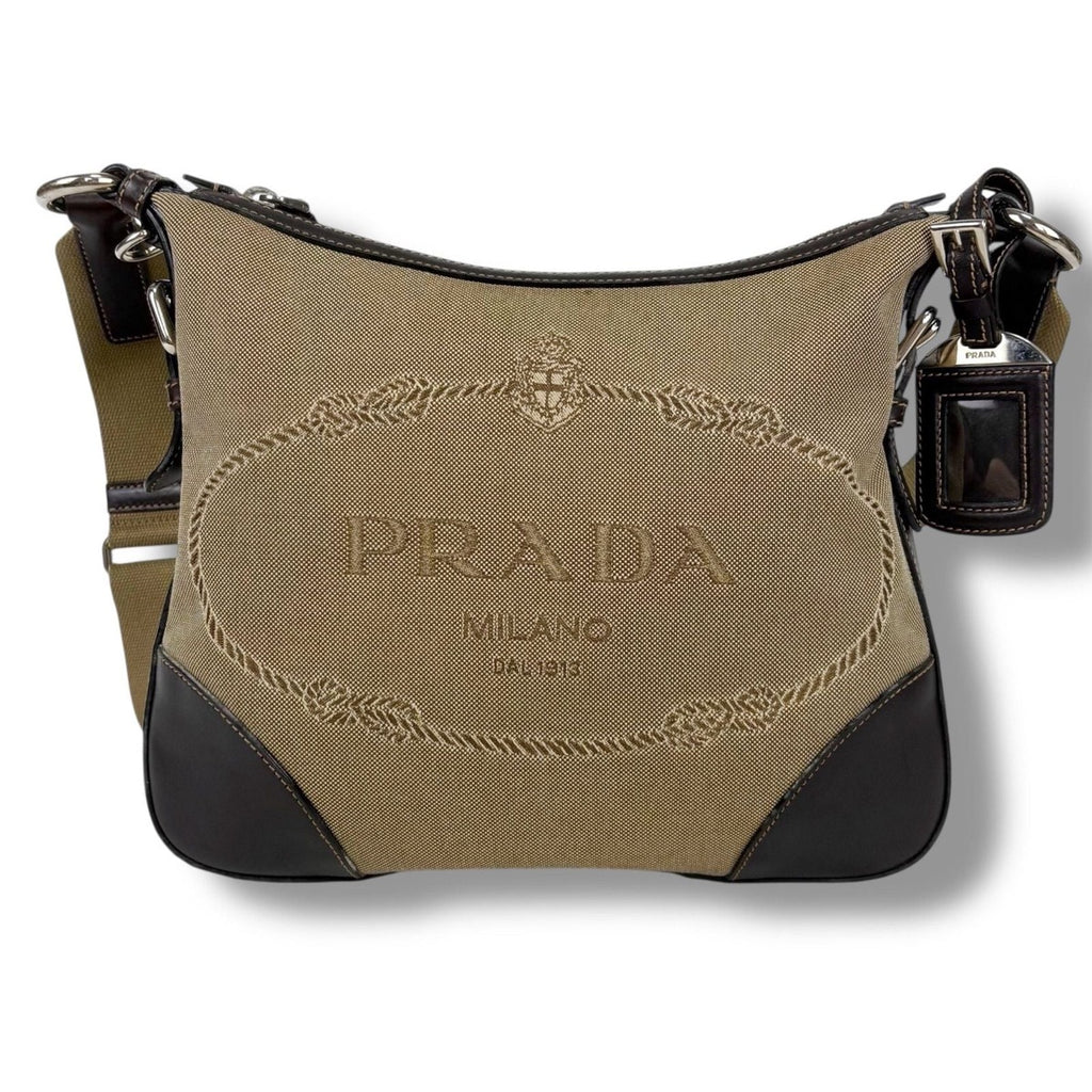 Prada Shoulder Bag with Tag Charm Logo Jacquard Canvas Beige Brown — view 3
