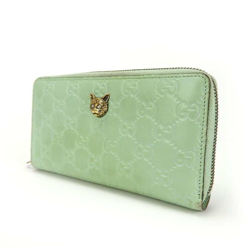 Gucci Long Wallet Round Zipper Sima Leather Mint Green Color Linea Cat — view 2