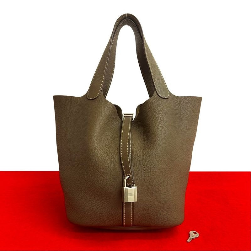 Hermes Keyed Engraved Picotin Lock MM Taurillon Clemence Etoupe Leather — view 2