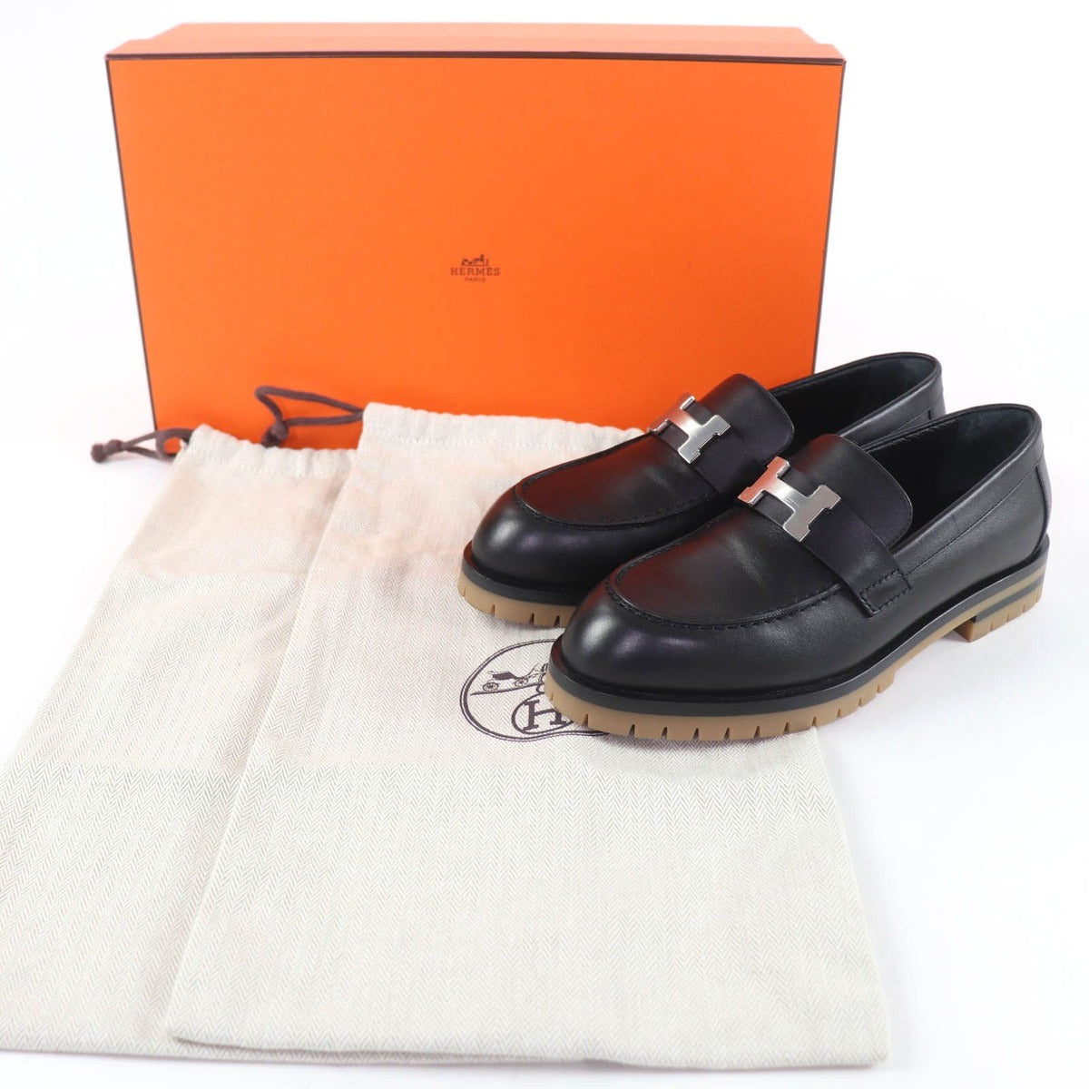 Hermes Faubourg Silver Hhardware Leather Loafers Black 36 Handbag — view 2
