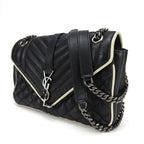 Saint Laurent Shoulder Bag Satchel Envelope Leather Black Ivory Silver Hardware — view 2