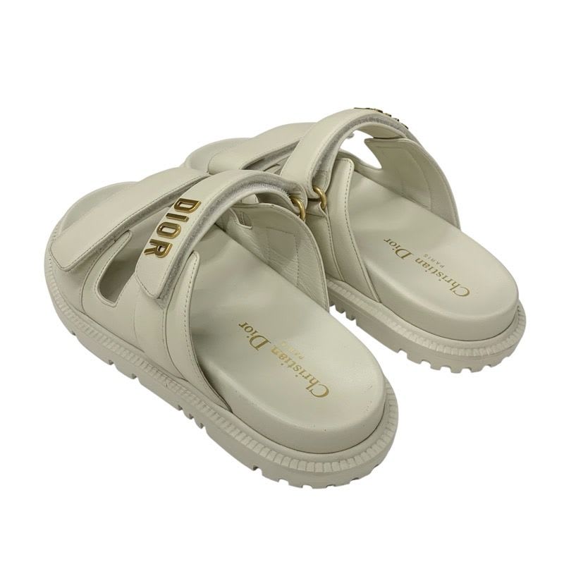 Christian Dioract Sandals Shoes Leather Ivory Gold Logo Velcro Strap — view 4