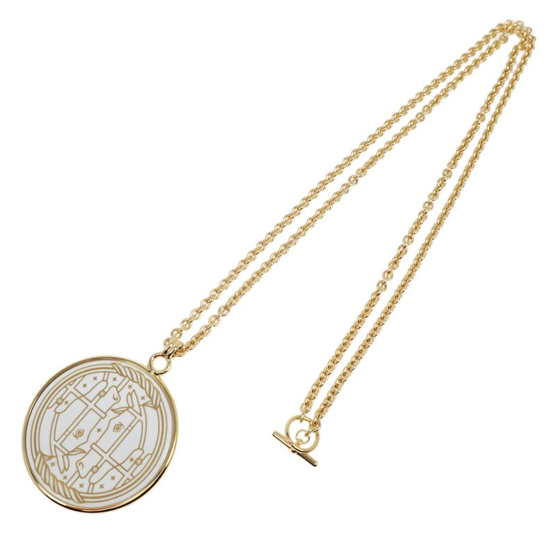 Hermes Medaille Quadrige GM Blanc Gold Hardware Pendant Necklace — view 9