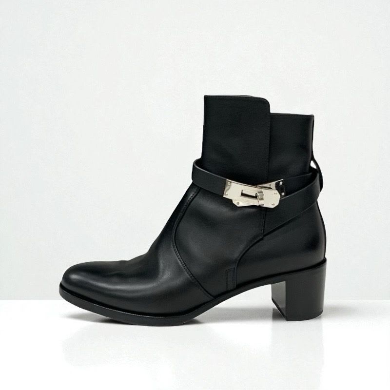 Hermes Frenchie Boots Short Shoes Leather Black Silver Kelly Hardware — view 3