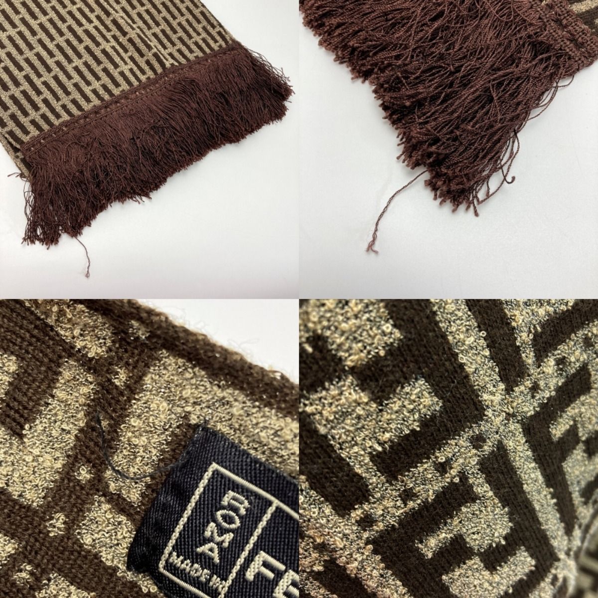 Fendi Zucca Pattern Fringe Muffler Brown Wool Stole Scarf — view 6