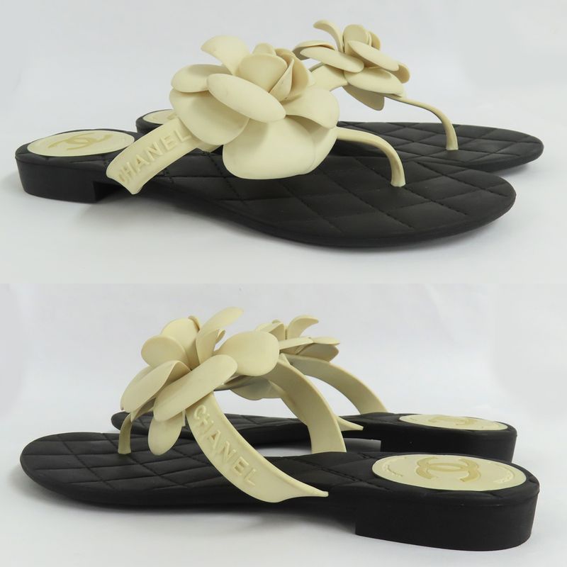 Chanel Camellia Beach Sandals Flat Heel 35 Black White Rubber Thong — view 3
