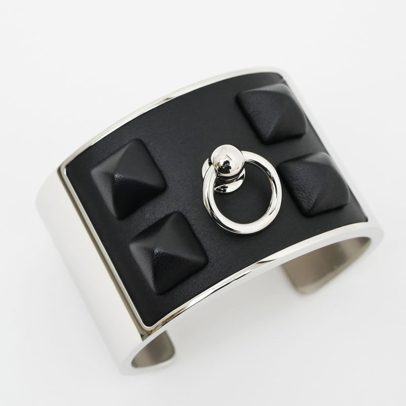 Hermes Collier de Chien Medle Gaine Size T2 Black Silver Bracelet Bangle — view 6