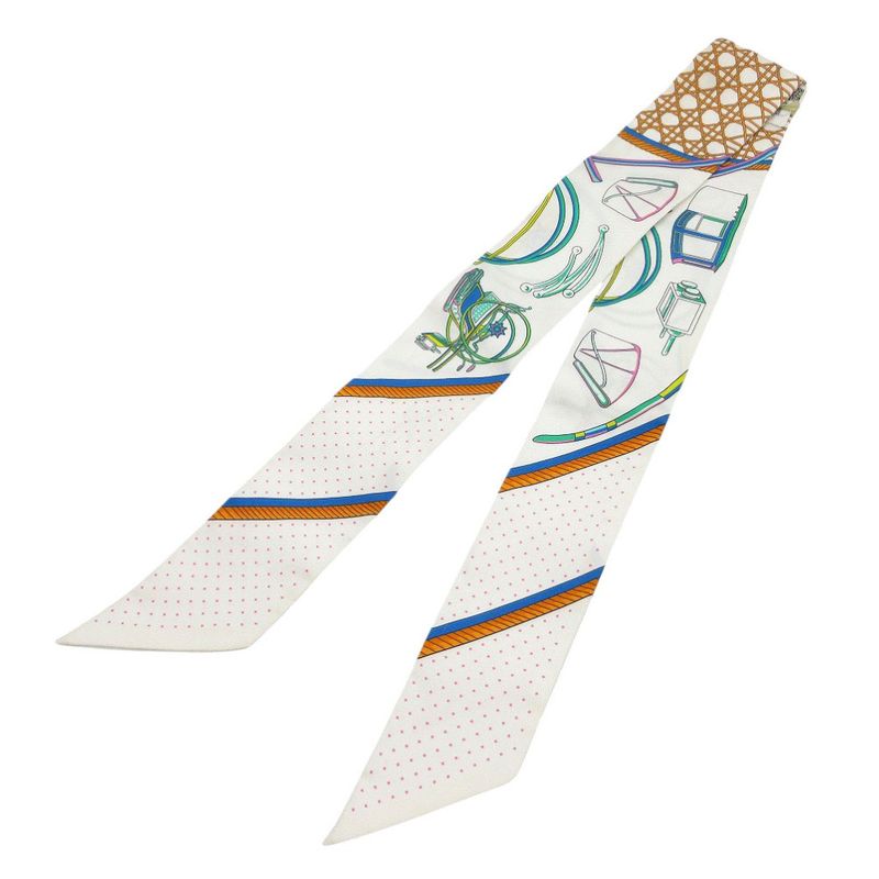 Hermes Twilly Folding Covered Wagon Scarf Silk White Orange Veil 0171 — view 2