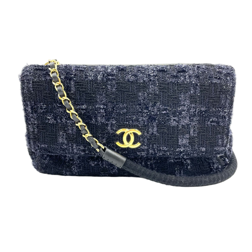 Chanel CC Logo Tweed Leather Gray Black Chain Shoulder Bag Gold