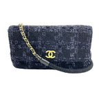 Chanel CC Logo Tweed Leather Gray Black Chain Shoulder Bag Gold