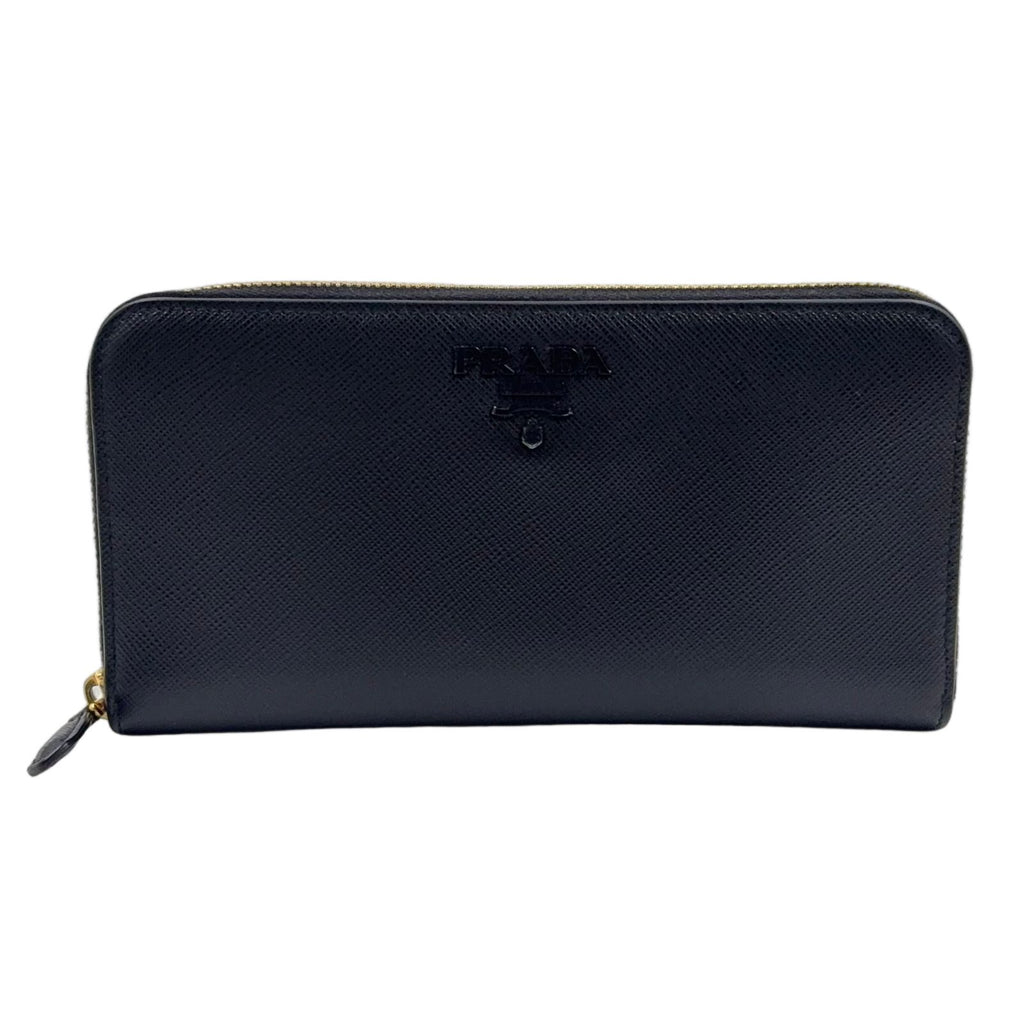 Prada Saffiano Leather Zip Around Black Wallet Gold