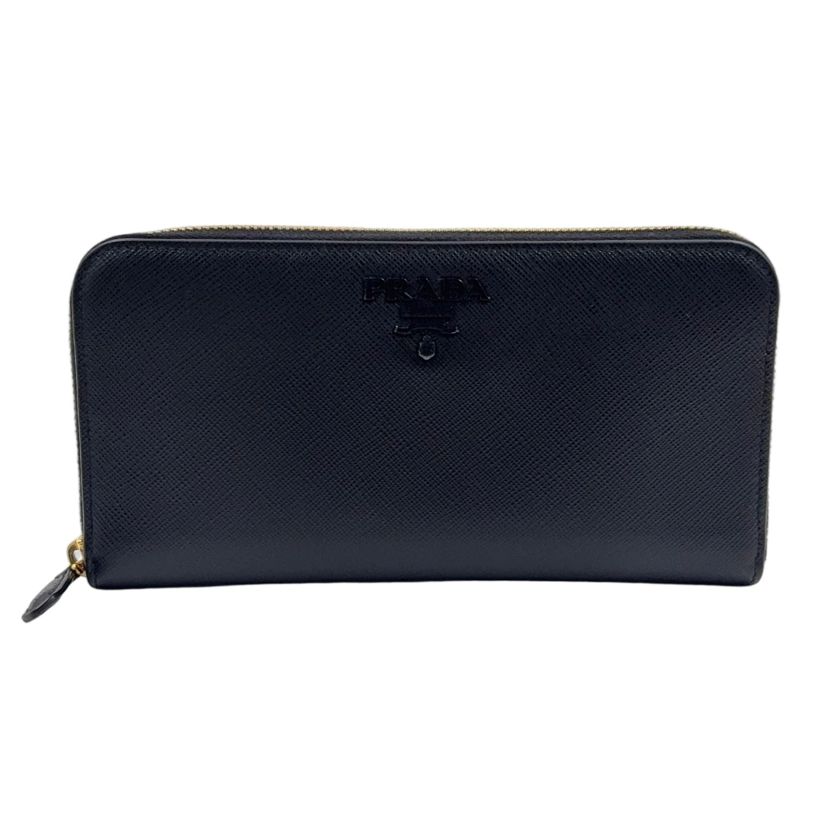 Prada Saffiano Leather Zip Around Black Wallet Gold
