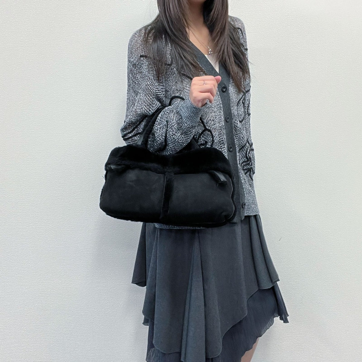 Loewe Anagram Handbag Black Mouton Suede Vintage