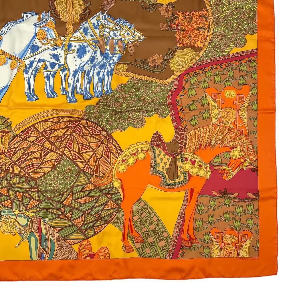 Hermes Carre 90 Art Des Steppes Step Scarf Silk Orange — view 5