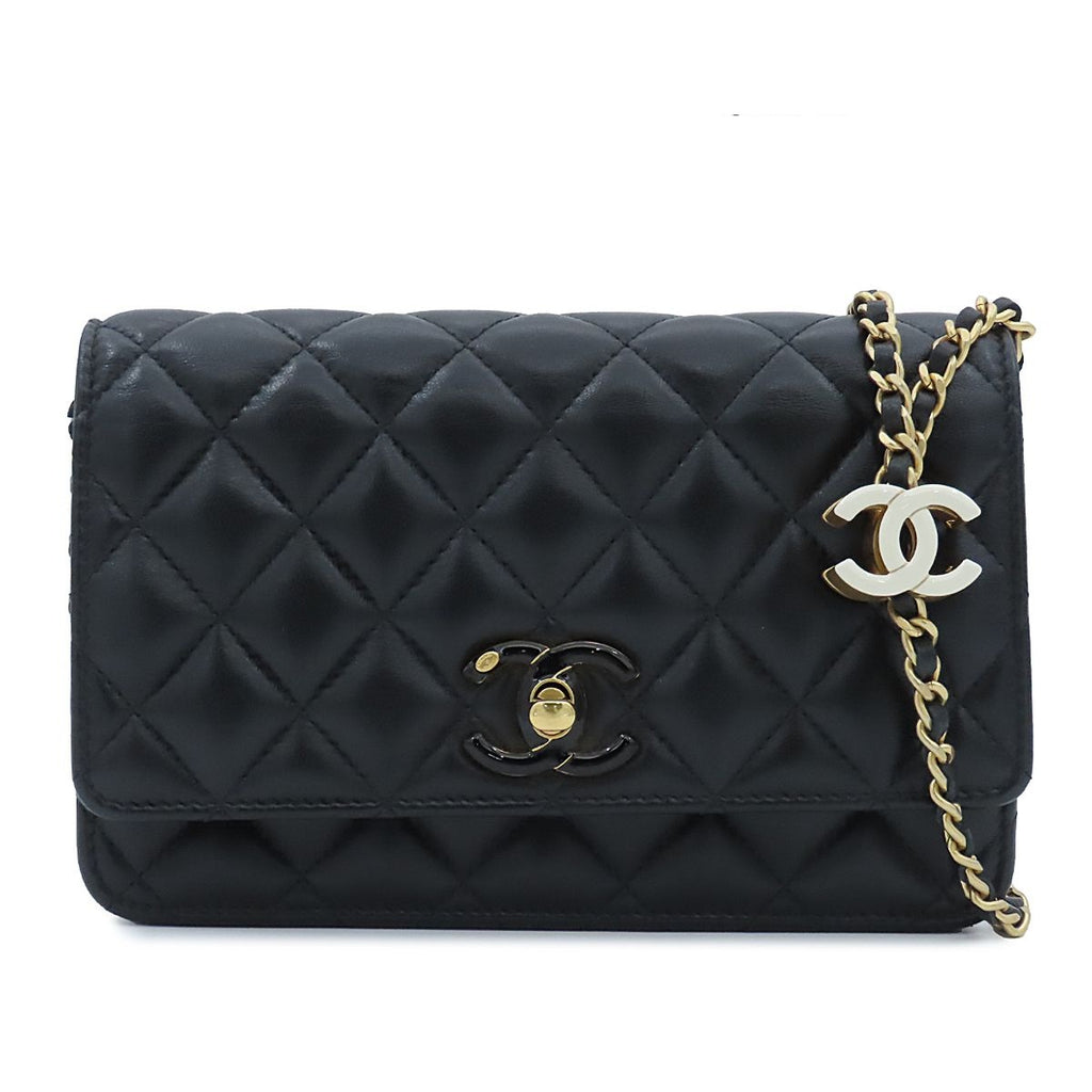 Chanel Chain Wallet Black Gold Shiny Lambskin Quilted Shoulder Bag