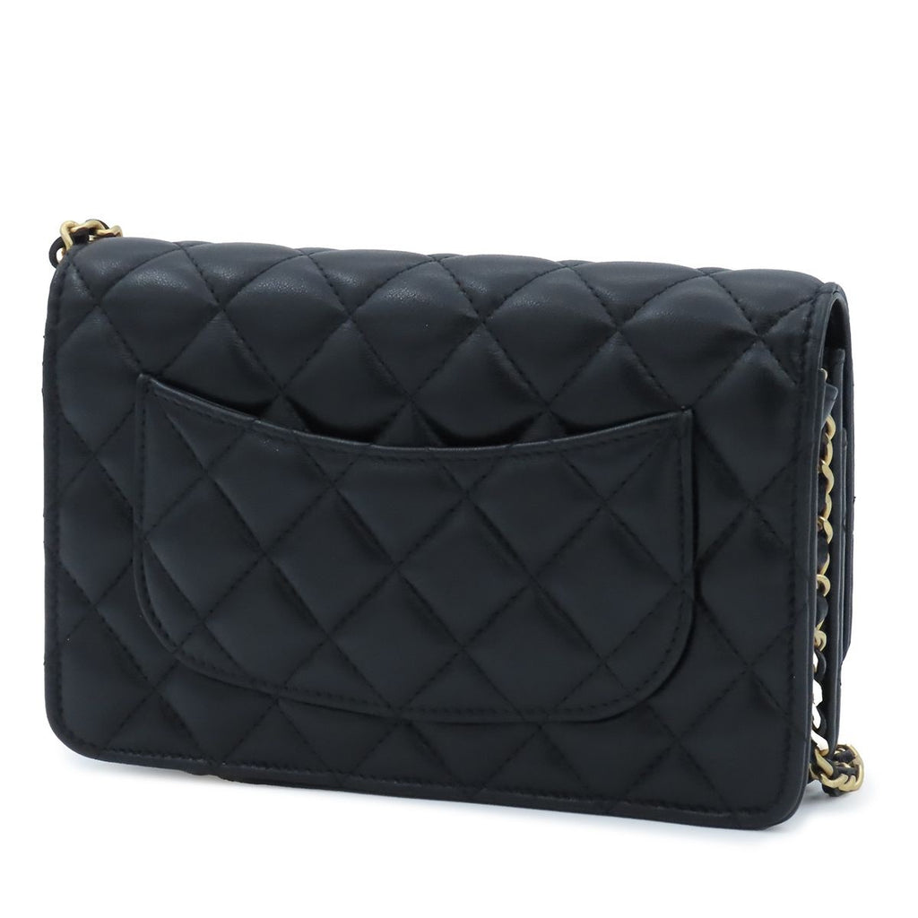 Chanel Chain Wallet Black Gold Shiny Lambskin Quilted Shoulder Bag — view 2