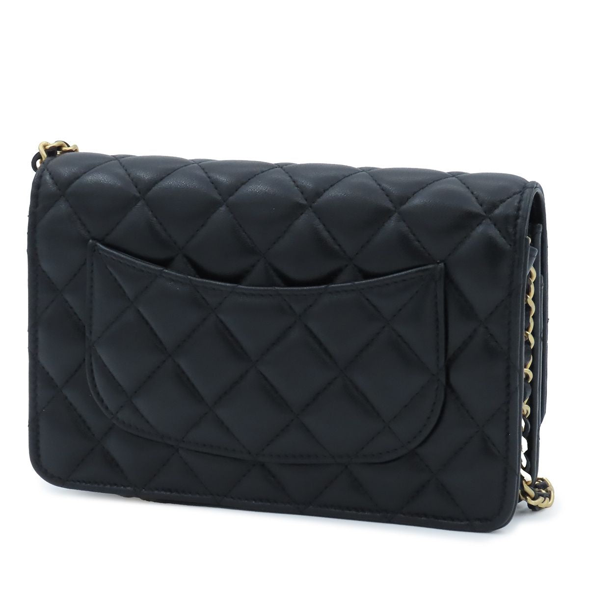 Chanel Chain Wallet Black Gold Shiny Lambskin Quilted Shoulder Bag — view 2