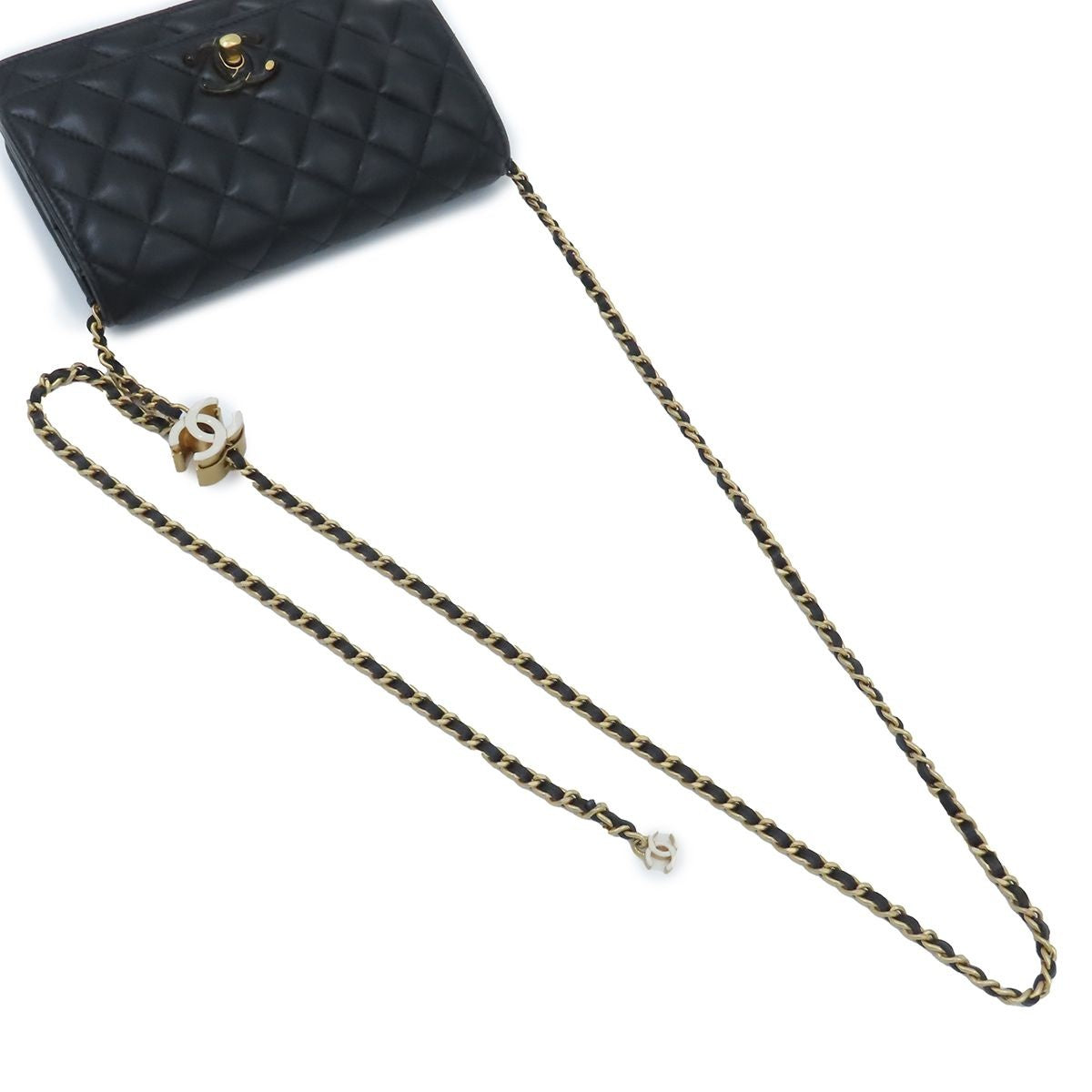 Chanel Chain Wallet Black Gold Shiny Lambskin Quilted Shoulder Bag — view 4