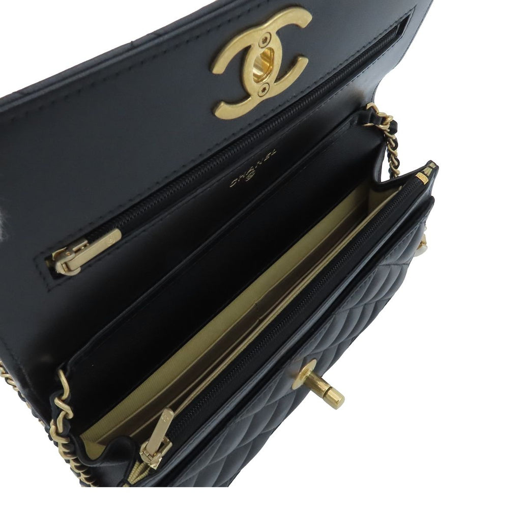 Chanel Chain Wallet Black Gold Shiny Lambskin Quilted Shoulder Bag — view 5