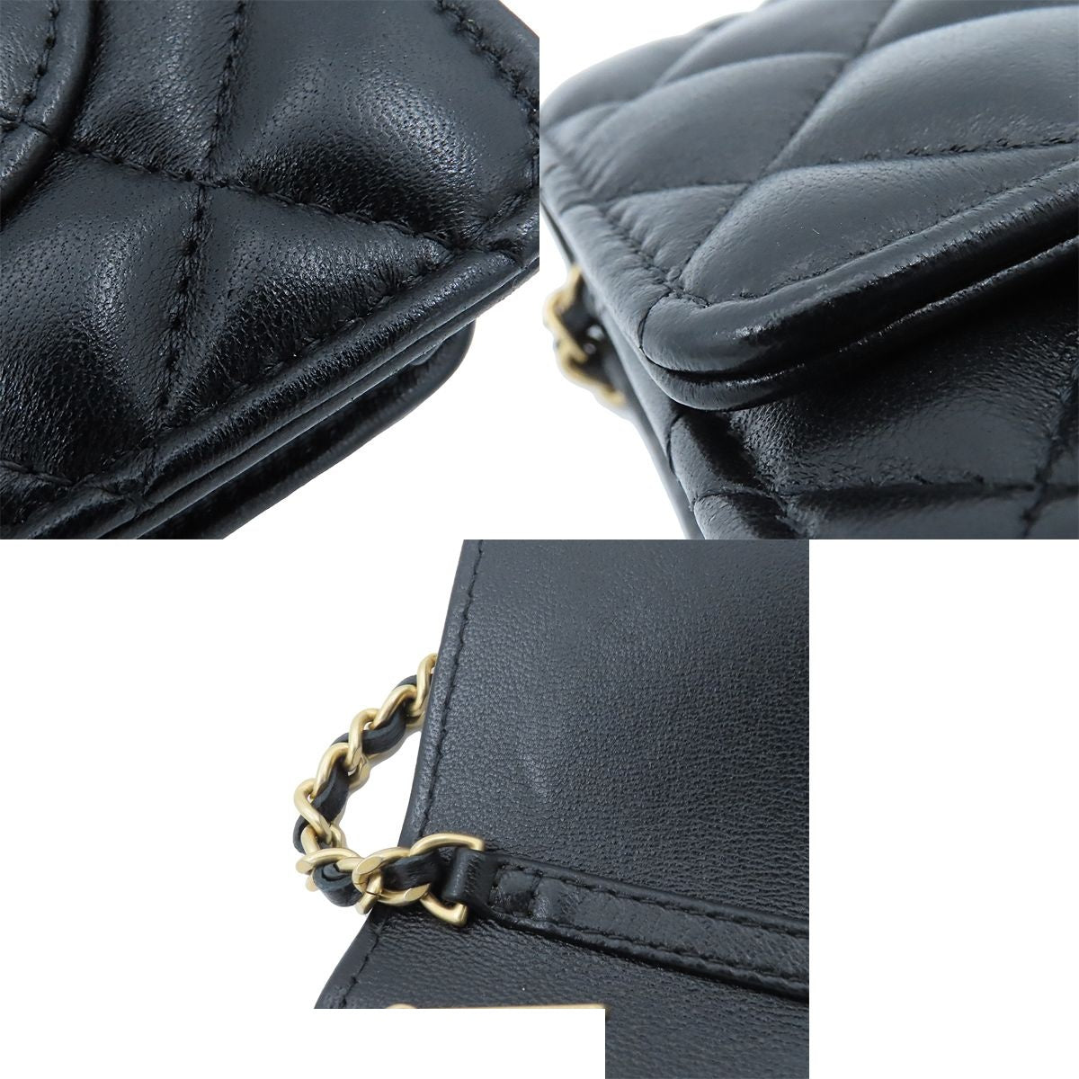 Chanel Chain Wallet Black Gold Shiny Lambskin Quilted Shoulder Bag — view 7