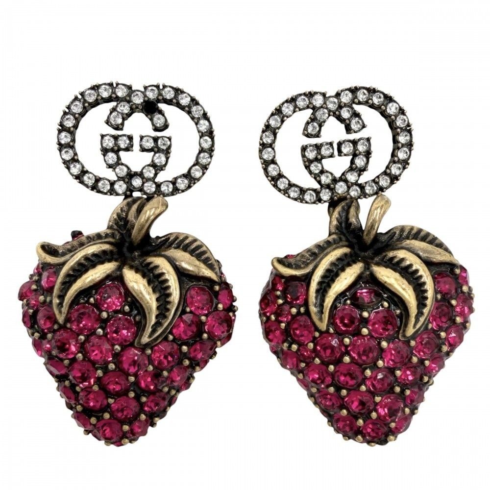 Gucci Earrings Strawberry Motif Interlocking Rhinestone Pink Gold