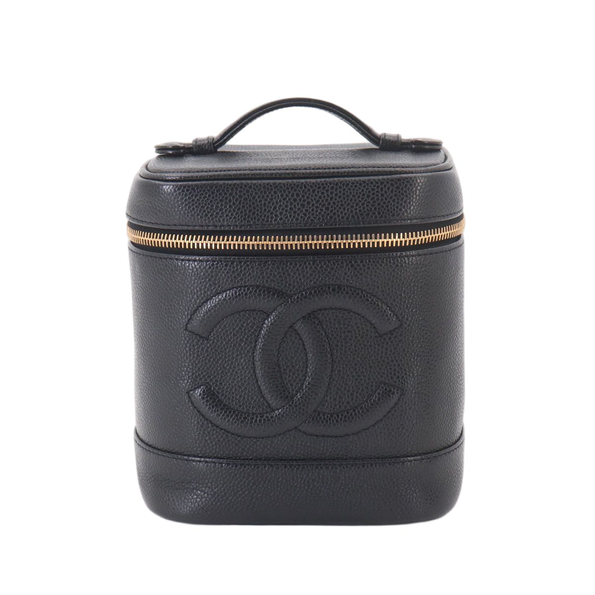 Chanel Vanity Hand Bag Caviar Leather Black CC Logo Gold