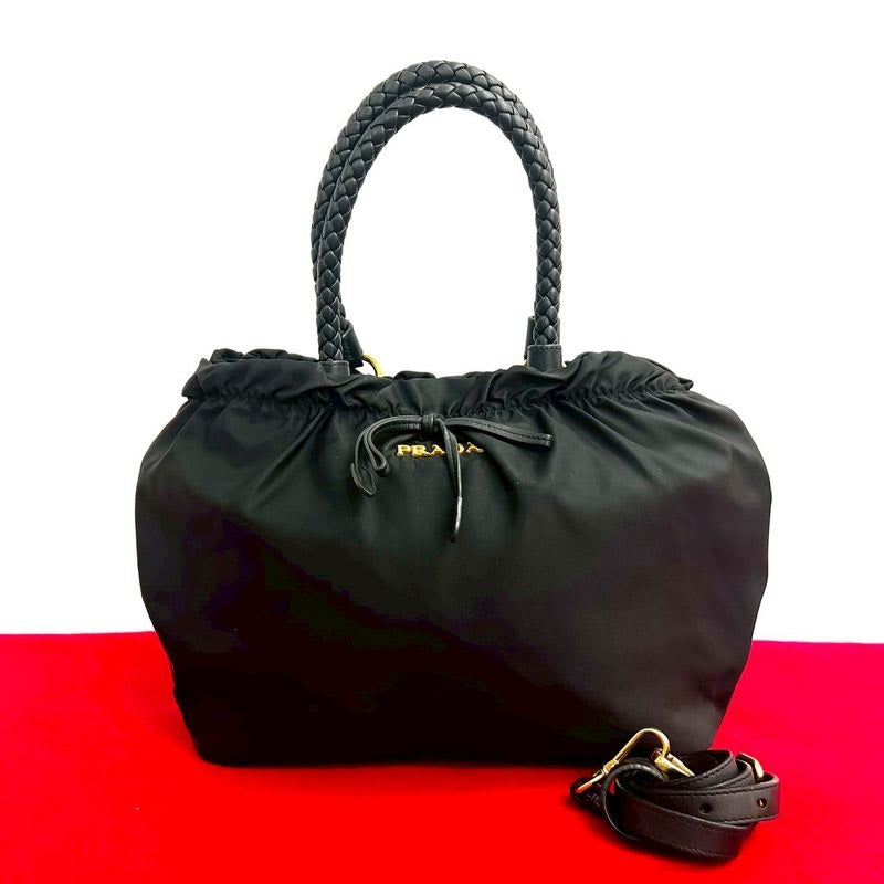 Prada Logo Hardware Ribbon Tessuto Nylon Leather 2-Way