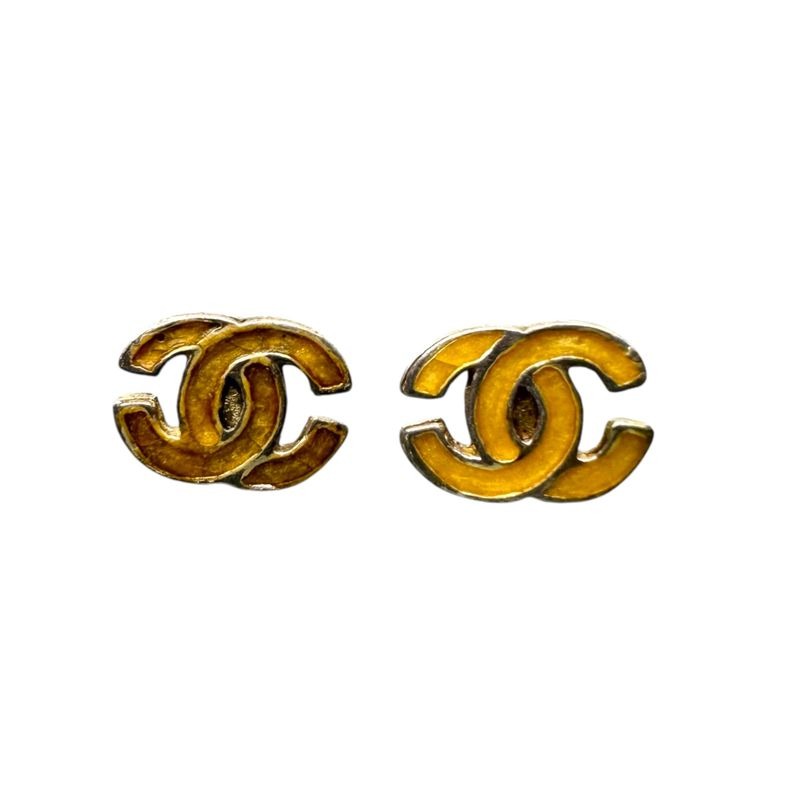 Chanel Coco Mark Pierced Earrings Vintage Yellow Silver — view 2