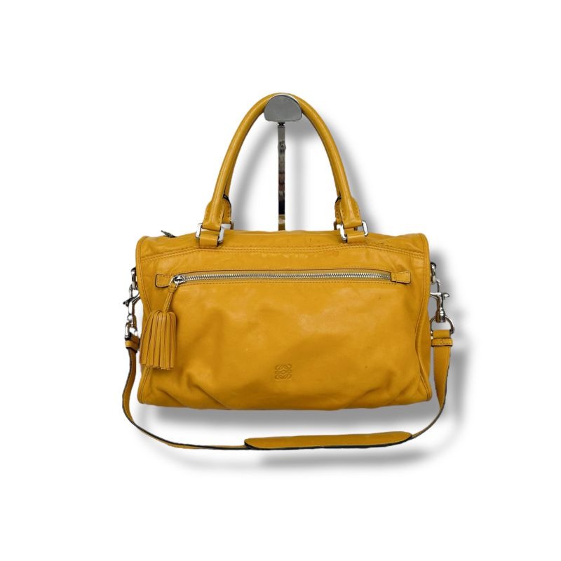 Loewe 2-Way Shoulder Bag Handbag Tassel Charm Fringe Anagram Logo Yellow Silver