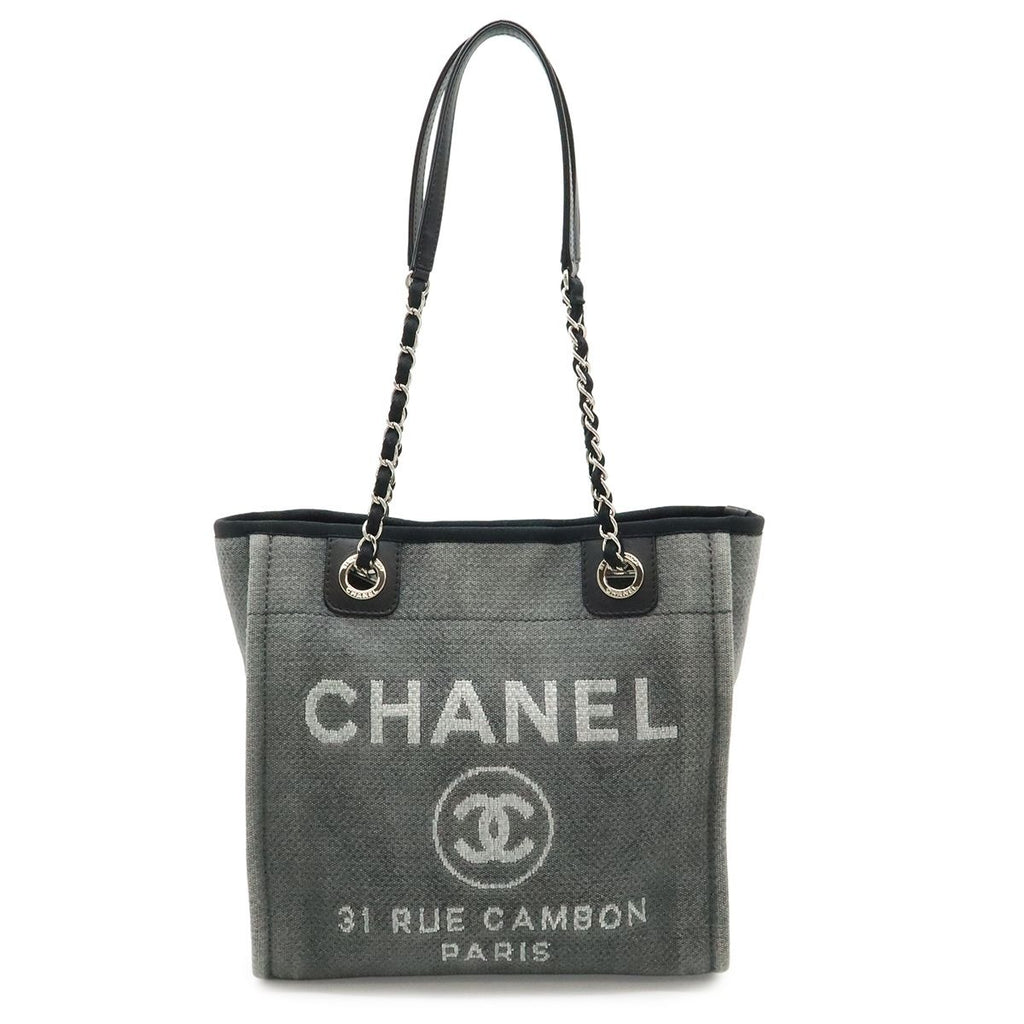Chanel Deauville Tote Shoulder Bag Chain Canvas Leather Gray Black