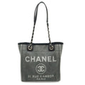 Chanel Deauville Tote Shoulder Bag Chain Canvas Leather Gray Black