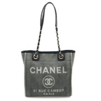Chanel Deauville Tote Shoulder Bag Chain Canvas Leather Gray Black