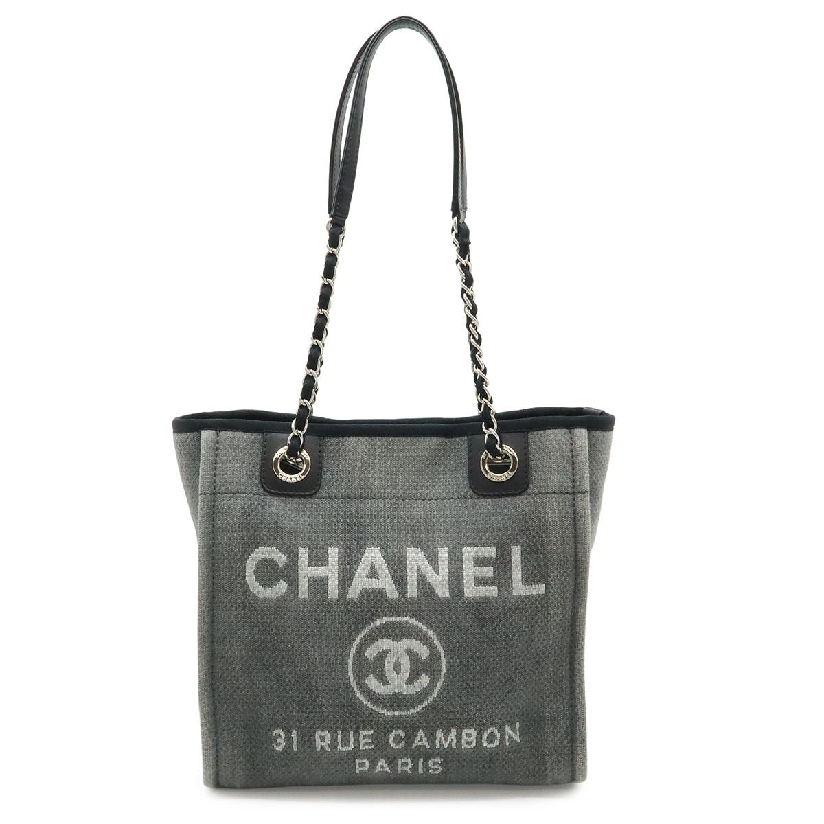 Chanel Deauville Tote Shoulder Bag Chain Canvas Leather Gray Black