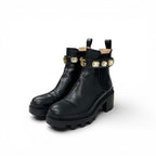 Gucci Short Boots Shoes Leather Black Bijoux GG Marmont Belt Side Gore